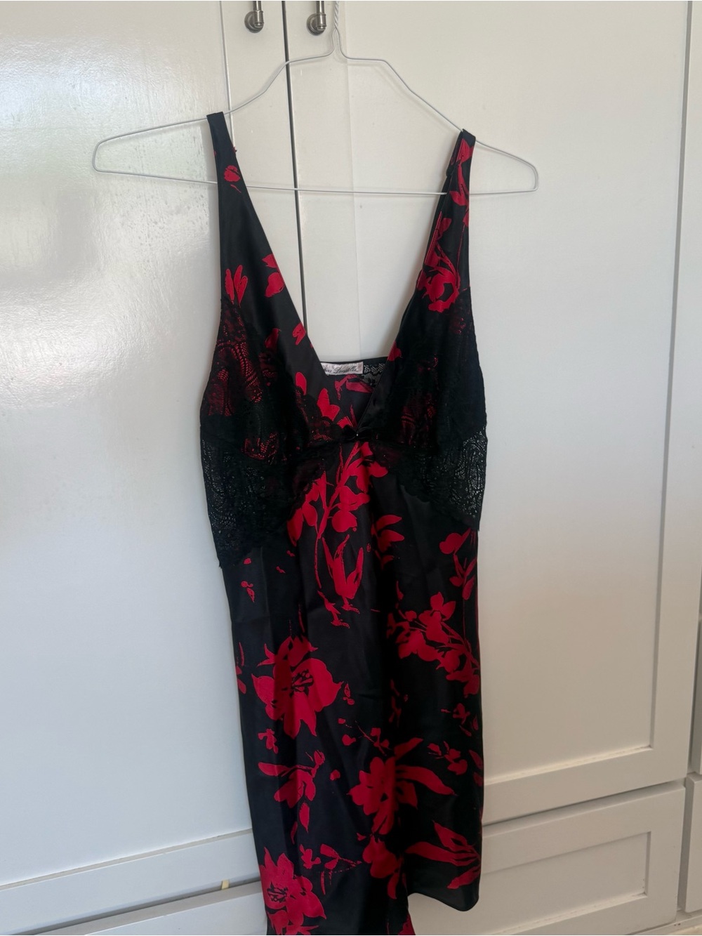 Linea Donatella Black Satin Slip with Red Floral Print